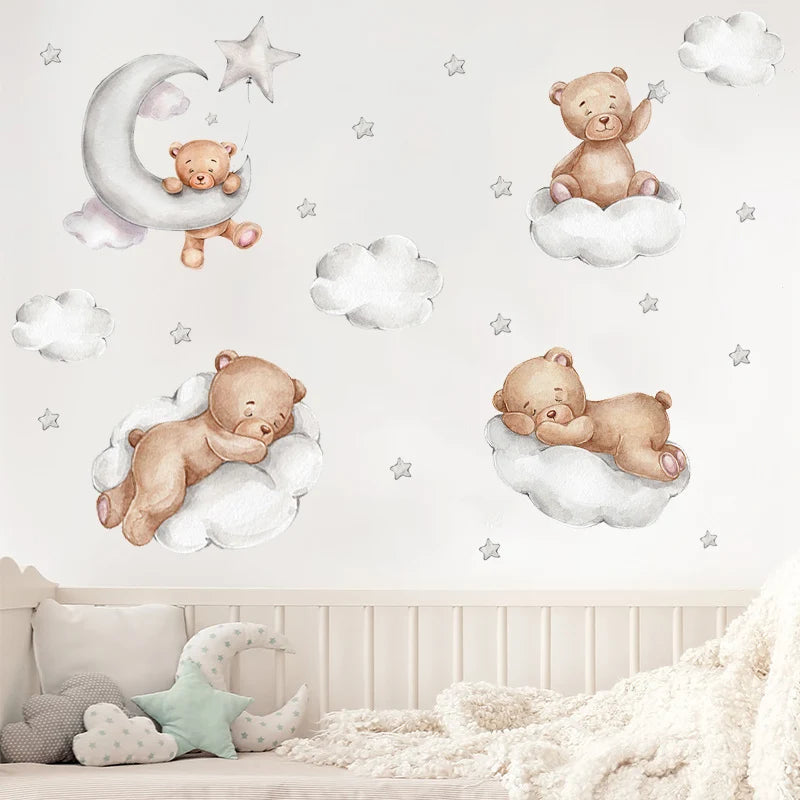 Cute Bear Moon Star Wall Stickers for Kids Rooms Girls Boys Baby Room Decoration Kawaii Cartoon Animal Nursery Wallpaper Vinyl.
