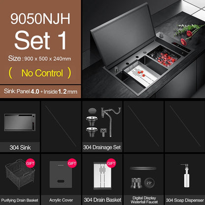 ASRAS Hidden Double Sinks Smart Purifying Kitchen Island Sinks Flip Cover Hidden 4mm Thickness Handmade kitchen Sinks