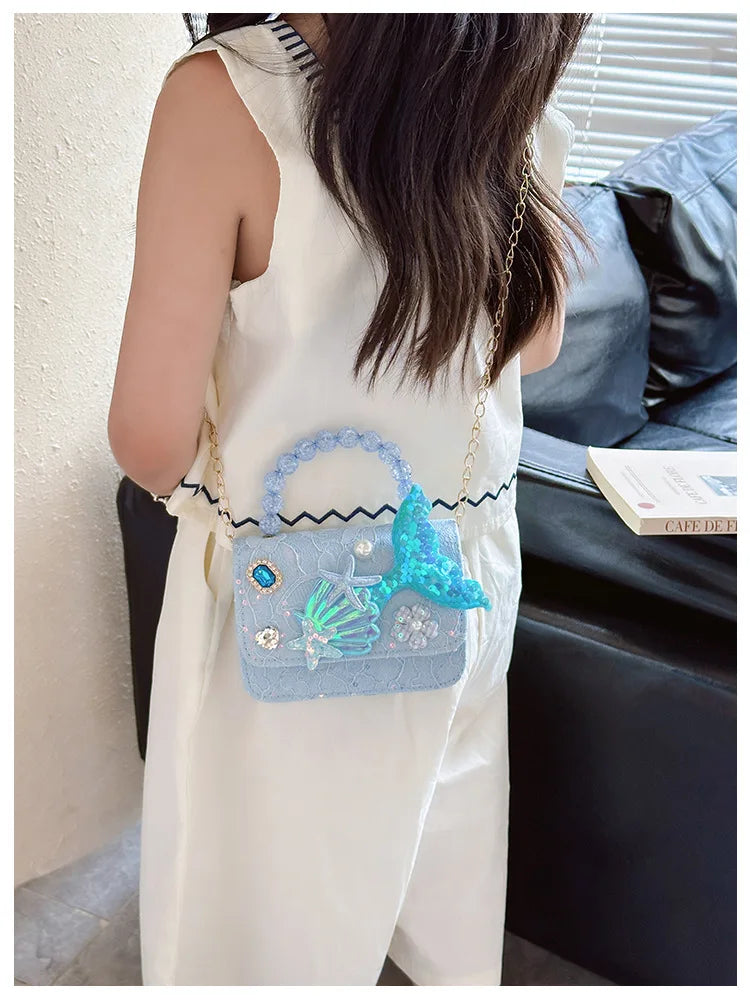 Lovely Sequin Girls Square Shoulder Bag Fish Tail Starfish Princess Crossbody Bags Bead Handle Children's Small Handbags Purse