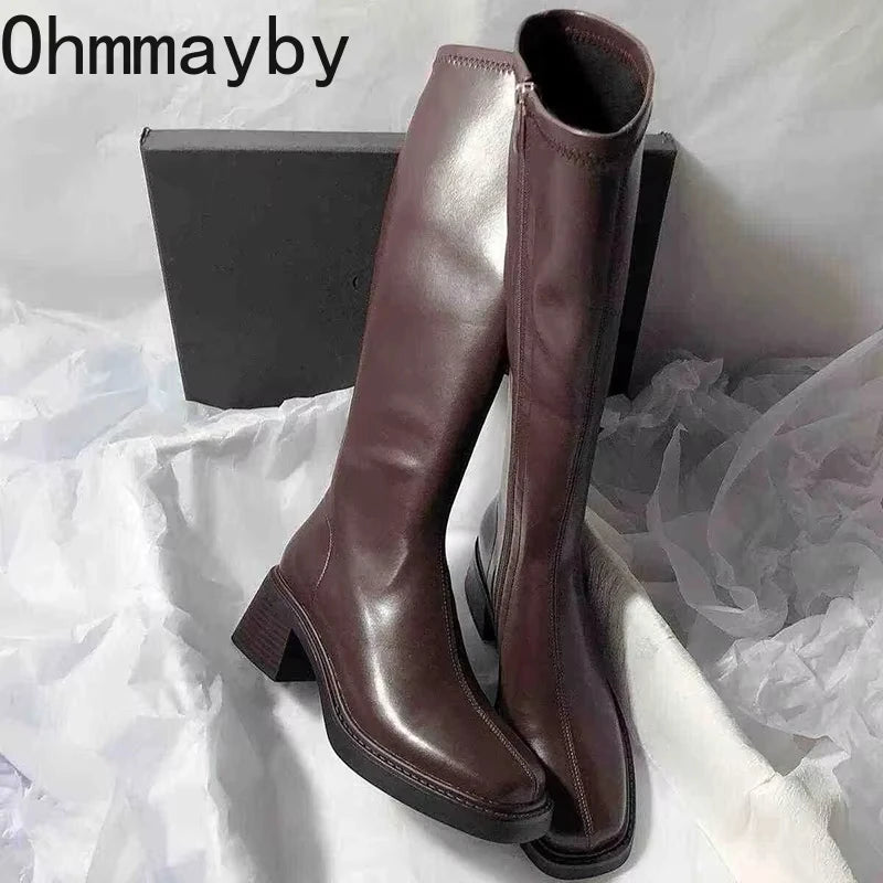 Vintage Thick Heel Women Knee High Boots Fashion Side Zippers Shoes Autumn Winter Ladies Concise Long Botas De Mujer.