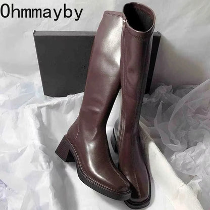 Vintage Thick Heel Women Knee High Boots Fashion Side Zippers Shoes Autumn Winter Ladies Concise Long Botas De Mujer.