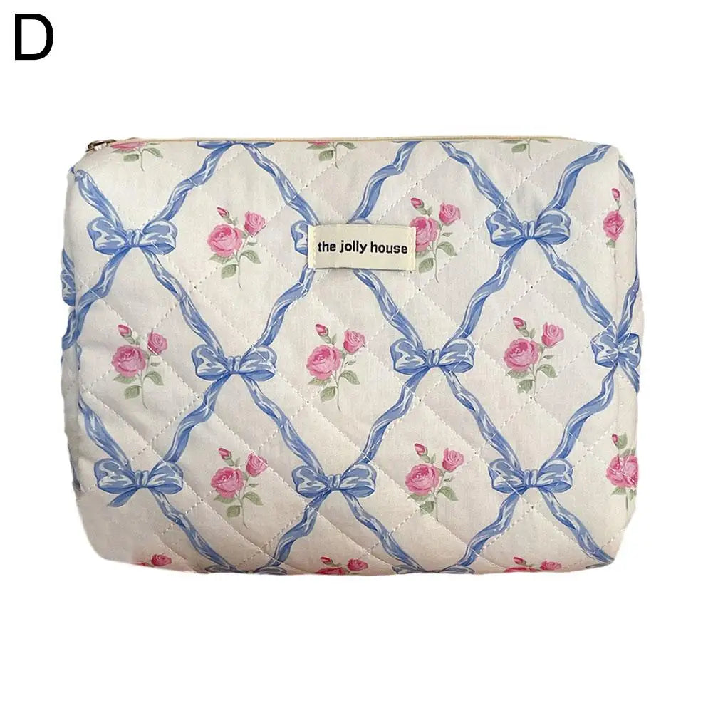 Cute Bow Flower Quilting Makeup Bag Women Zipper Cosmetic Organizer Female Cloth Handbag Portable Toiletry Case For Girls
