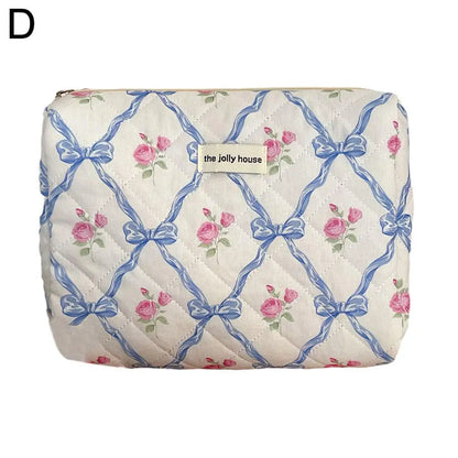 Cute Bow Flower Quilting Makeup Bag Women Zipper Cosmetic Organizer Female Cloth Handbag Portable Toiletry Case For Girls