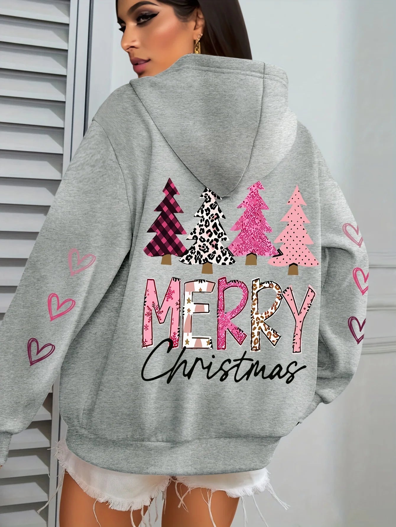 Merry Christmas And The Tree Printing Women Hooded Fashion Warm Comfortable Hooded Round Neck Casual Hoodies Fleece Soft Clothes