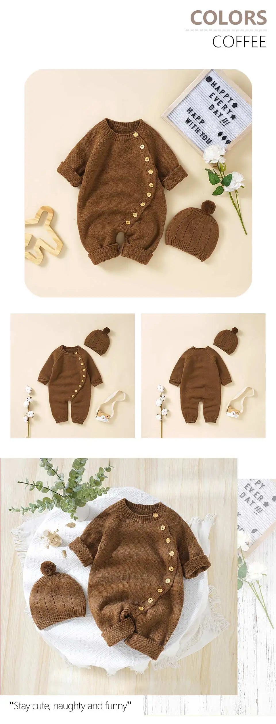 Baby Rompers Knitted Autumn Long Sleeve Newborn Boys Girls Jumpsuits Hats Outfits Sets Winter Solid Infant Netural Overall 0-18m