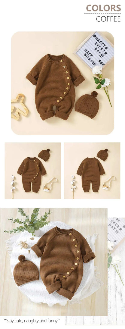 Baby Rompers Knitted Autumn Long Sleeve Newborn Boys Girls Jumpsuits Hats Outfits Sets Winter Solid Infant Netural Overall 0-18m