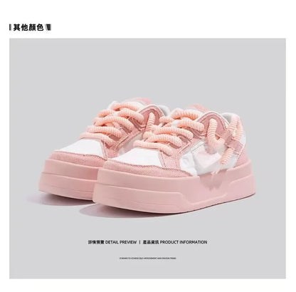 Autumn New Thick Soled Pink Women's Shoes, Wide Toe Versatile Casual Shoes, Round Toe Height Increasing Fashionable Board Shoes.