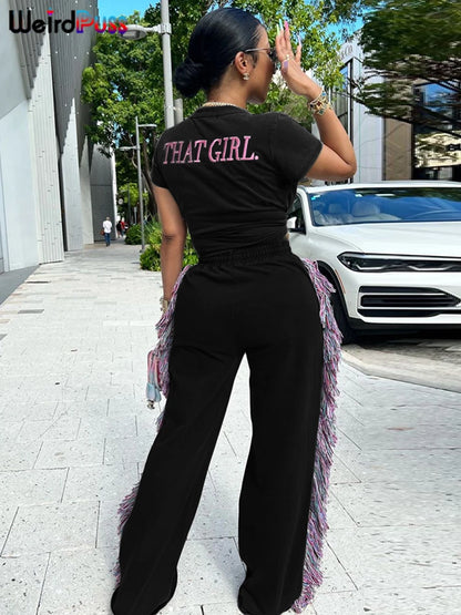 Weird Puss Casual Sporty 2 Piece Set Women Letter Embroidery Crop Tops+Side Tassel Straight Pants Matching Streetwear Tracksuits