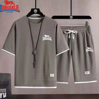Embroidered LONSDALE Summer Men's Waffle Sets Casual T-Shirt And Shorts Set Male Sports Suit Tracksuit Loose Suits Size 3XL.