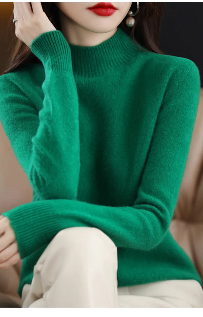 Herbst Winter Frauen Pullover Koreanische Mode Warme Bodenbildung Shirts Halb Hohe Kragen Grundlegende Strickwaren Solide Langarm Pullover