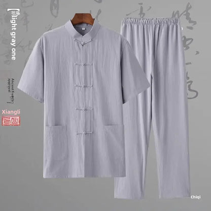 Traditional Chinese Men's Tang Suit Cotton Linen Ancient Costume Tea Servant Zen Meditation Clothing Middle Mountain Hanfu