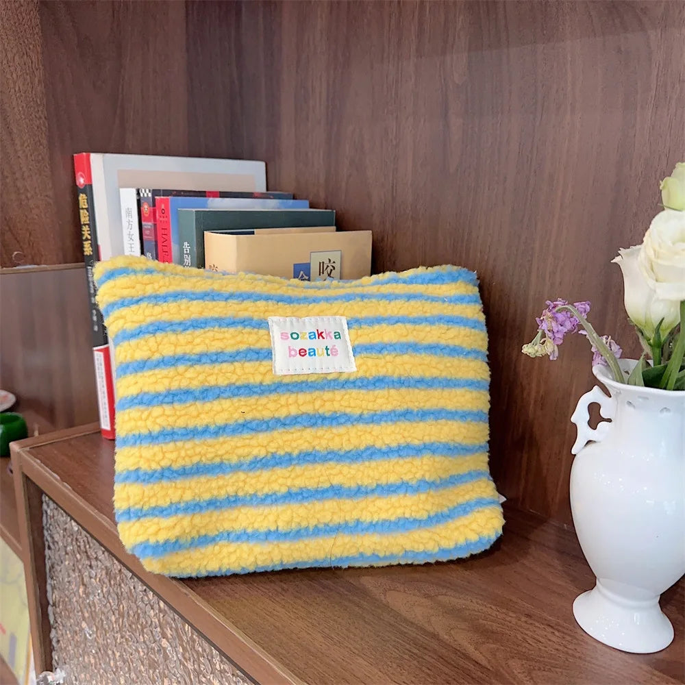 New Colorful Striped Dot Plush Clutch Cosmetic Bag Large Capacity Makeup Pouch Toiletries Bag Travel Outdoor Makeup Storage