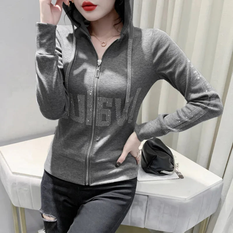 #7937Black Grey Women Hoodies Sweatshirt Tops Pullovers Diamonds Letters Slim Streetwear Short Hoodies Woman Zipper Korean Style.