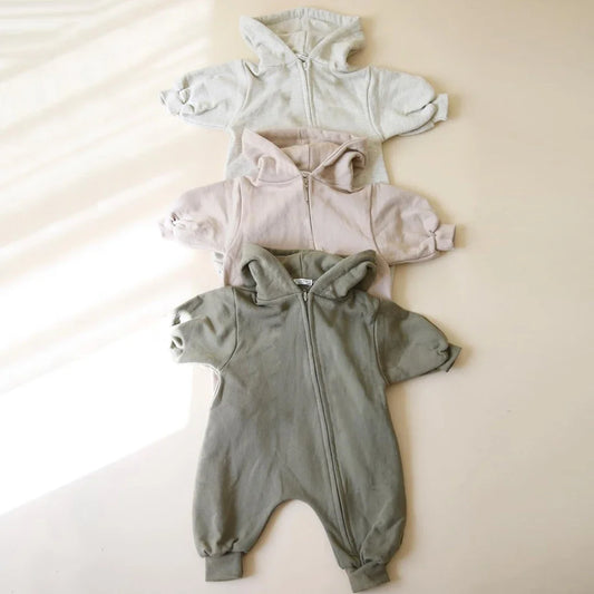 2024 Baby Kapuze Reiß verschluss Bodysuit Neugeborene Jungen und Mädchen Bergsteiger Anzug einfarbig Bodysuit Long Fit Sport Kletter anzug
