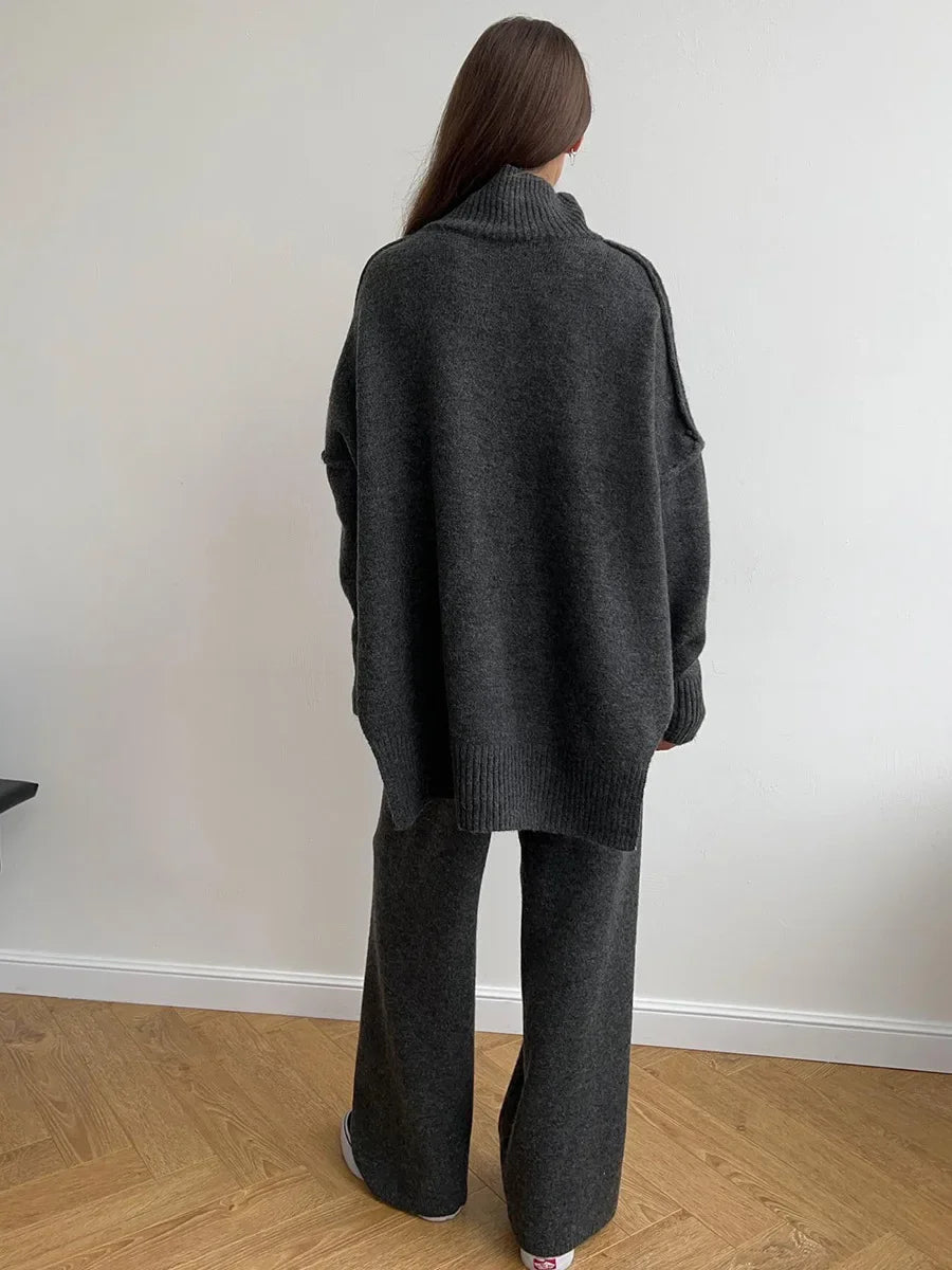 2025 Turtleneck Sweater Set Women's European, American Autumn and Winter New Loose Casual Lazy Thickened Knitted Trousers Set.
