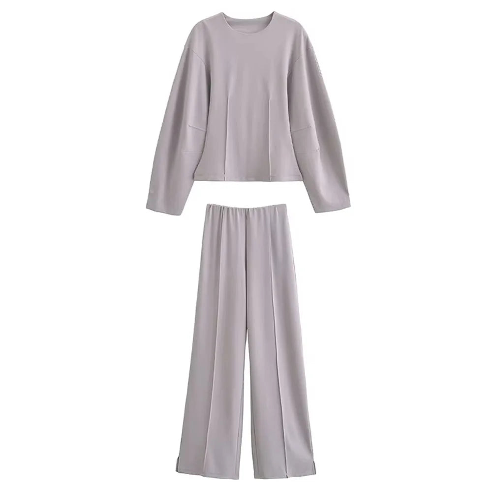 HH Women's 2-Piece Set Fashion Slimming Double-Sided Fabric Round Neck Long-Sleeve Top+Elegant Stretch Casual Wide Leg Pants