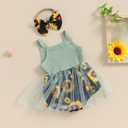 Baby Stram pler Kleid Sonnenblumen Print Spaghetti träger Tüll Rock Saum Baby Body suits Overall Sommerkleid ung mit Stirnband.