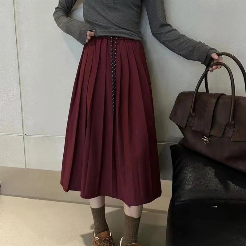 Autumn Women's Solid Color High Waist Pleated A Line Long Skirt Korean Fashion College Style Drawstring Lace-up Skirt 2024 Trend.