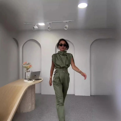 Spring Summer New Women's Clothing Personalized Shoulder Slimming Waist-Slimming Belt Decoration Blouse Top Pants Set.