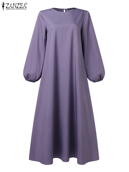 ZANZEA Muslim Women Summer Abaya Sundress Solid Islamic Clothing Marocain Vestido Robe Femme Fashion Long Sleeve Kaftan Dress.