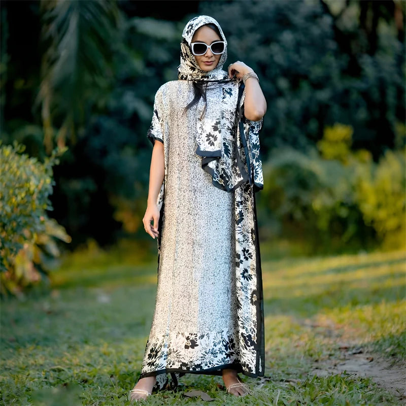 New Malaysian Muslim Print Dress Women Loose Arabic Long Maxi Dress Summer Sunscreen Cool Abaya Beach Hijab Dress Plus Size.