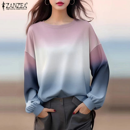ZANZEA Plus Size Sweatshirts Women Long Sleeve Autumn Fashion Hoodies Gradient Color Round Neck Causal Loose Pullovers 2025 5XL.