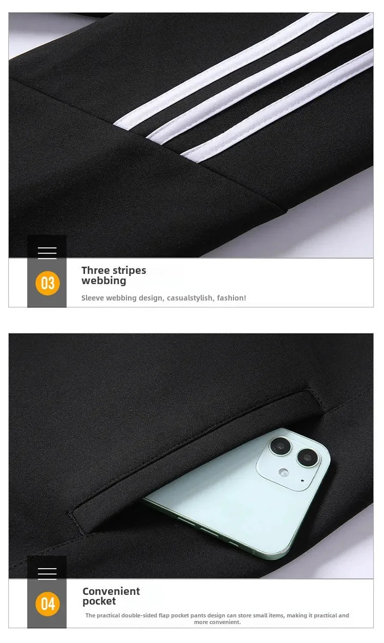 New Casual Men's Sport Suit Striped Ankle-Length Cotton Stand Collar Jacket With Three Buttonts Slim Fit Pants 2-Piece Set