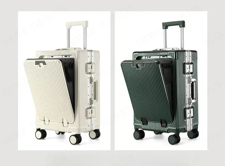 Vorne öffnender Rollgepäckkoffer mit großer Kapazität, Aluminiumrahmen, ABS + PC-Trolley, Koffer, USB-Lade-Boarding-Koffer.