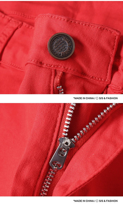 Spring and Autumn Men's Multi-Pocket Design Jeans Fashionable and Versatile White Khaki Red Comfortable Stretch Denim Pants