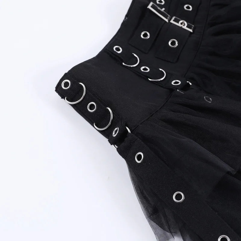 Goth Dark Ruffles Mall Gothic Mesh Splice Mini Skirts Grunge Aesthetic Harajuku Buckle A-line Skirt Punk High Waist Alt Bottoms.