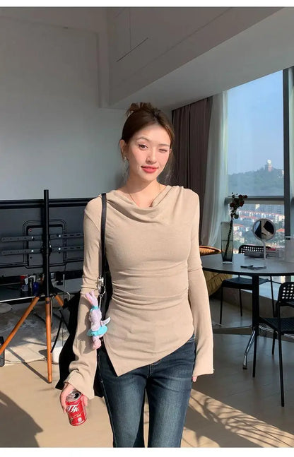 Irregular Waist Pleated Long Sleeve Base Shirt Spring T-Shirt Women's Spicy Girl One Shoulder Top Fashionable Casual Wear.