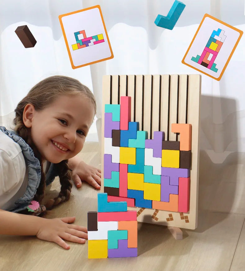 Wooden 3D Russian Blocks Puzzle Brain Teasers Toy Tangram Jigsaw Intelligence Colorful Blocks Montessori Educational.