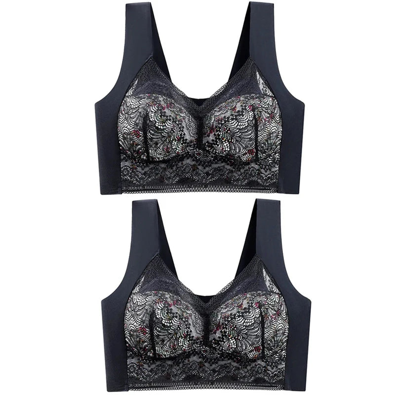 2pcs Womens Seamless Ice Silk Full Cup Bras No Steel Ring Support Lace Bralette Large Size Brassiere Comfort Ventilate Underwear.