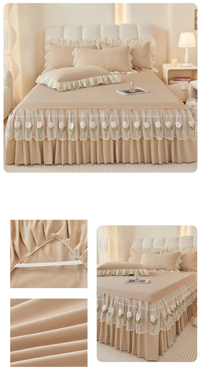 Floral Style Bed Skirt Embroidered Bed Cover Single/Queen/King Size Bed Linen Home Sheet with Skirt 침대스커트(Pillowcase Need Order).