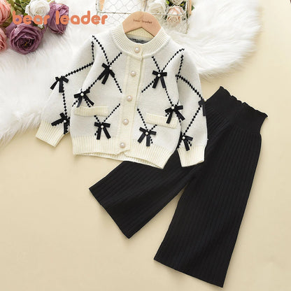 Bear Leader Bow Baby Sweatshirt + Pants 2pcs Set New Children Knitting Outfit for 2-6Years Kids Tracksuit Winter Girls Clothes.