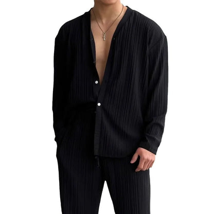 Thin Solid Color Sexy Deep V Cardigan Knitted Sweater Shirt Casual Fashion Suit Two-piece Sets for Men.