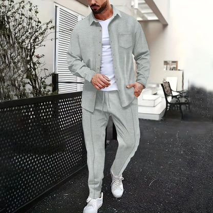 2025 Spring and autumn new men's daily casual waffle cardigan long-sleeved shirt two pants suit.