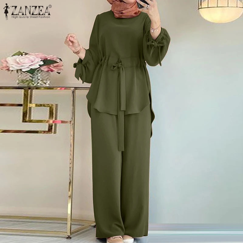 ZANZEA Muslim Women Matching Sets Long Sleeve Solid Color Tops And Loose Pant Suits Elegant Fashion Casual Tracksuit Kaftan 2025.