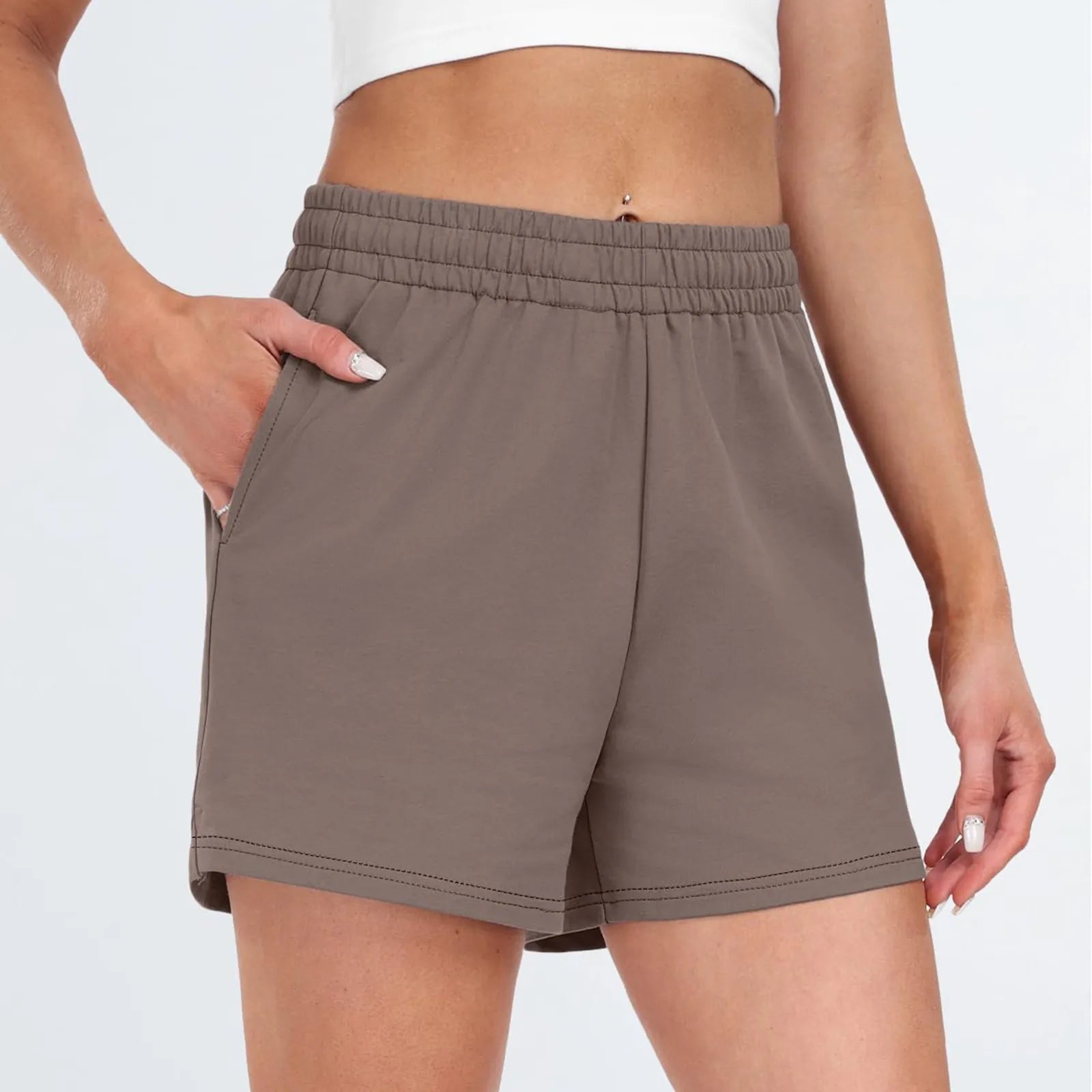 Plain Color Sports Shorts Casual Summer Comfortable And Soft Elastic High Waist Running Shorts With Pockets For Women.