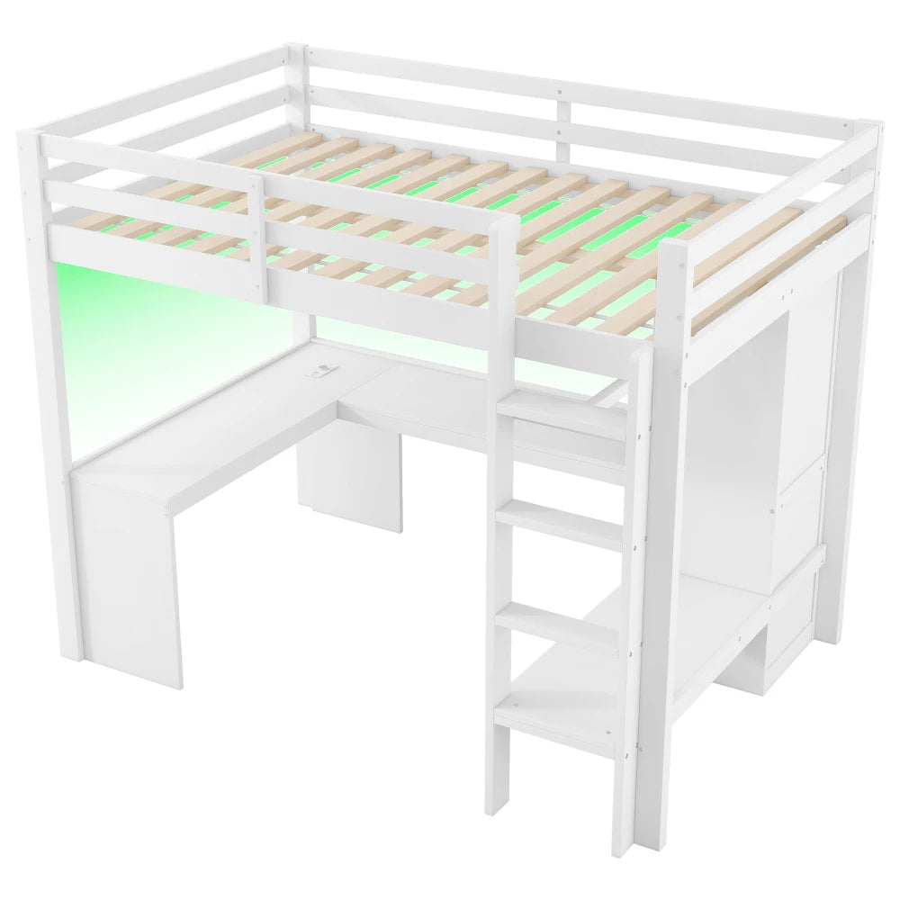 Modernes Kinder-Hochbett 140 x 200 mit Multifunktionsregalen, Unterbett-Schreibtisch, LED-Licht und USB, Kleiderschrank mit Stauraum, für Schlafzimmer