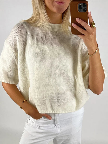 Damen Frühling Herbst Strickpullover Halbarm O Hals Einfarbig Lässige Strickwaren