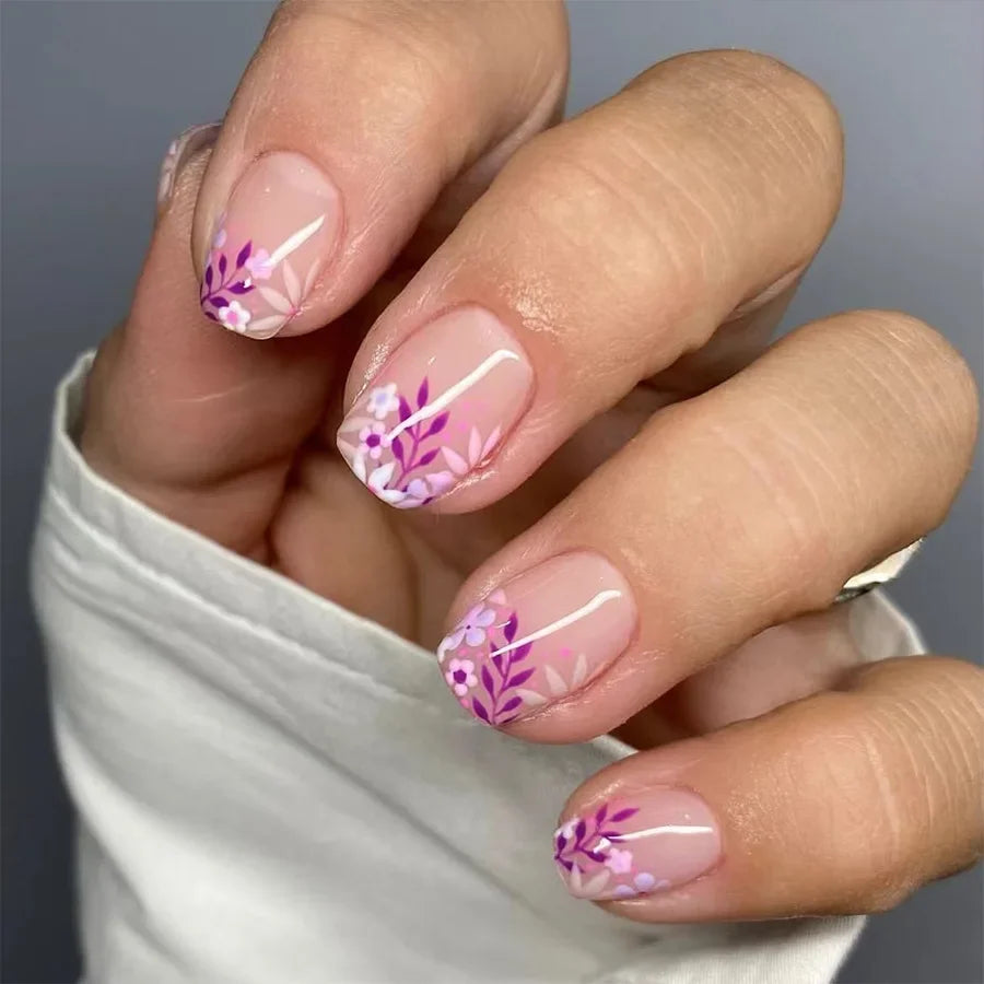24pcs/box Glossy Short Square Fake Nails Colorful French Tip Press On Nails Flower Pattern Spring Summer False Nails For Women