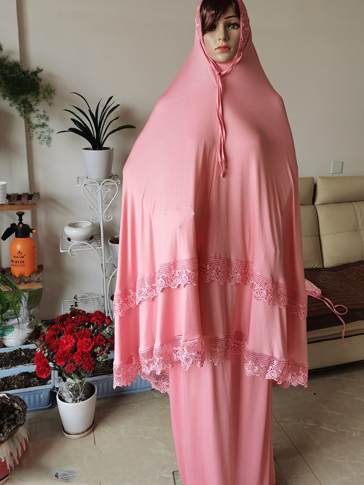 Ramadan  Long Khimar Muslim Abaya Women Prayer Garment Saudi Prayer Dress Lace Trim Silky 2 Piece Skirt Sets Eid Niqab jilbab.