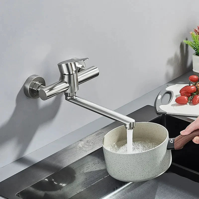 Kitchen Faucets Stainless Steel Wall Mounted Dual Hole Bathroom 360 Rotate Basin Faucet Cold Hot Water Mixer Taps With spray gun