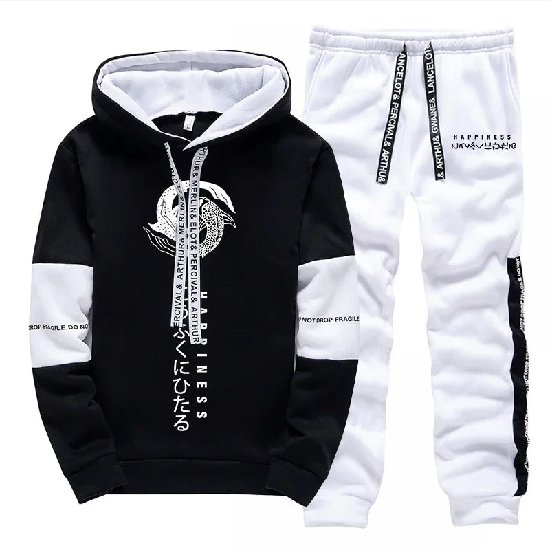 Japanese Fashion Hoodies Sweatpants Men's Hooded Long Sleeved Tracksuit 2pcs Set Harajuku-style All Season Casual Sporty Outfits.