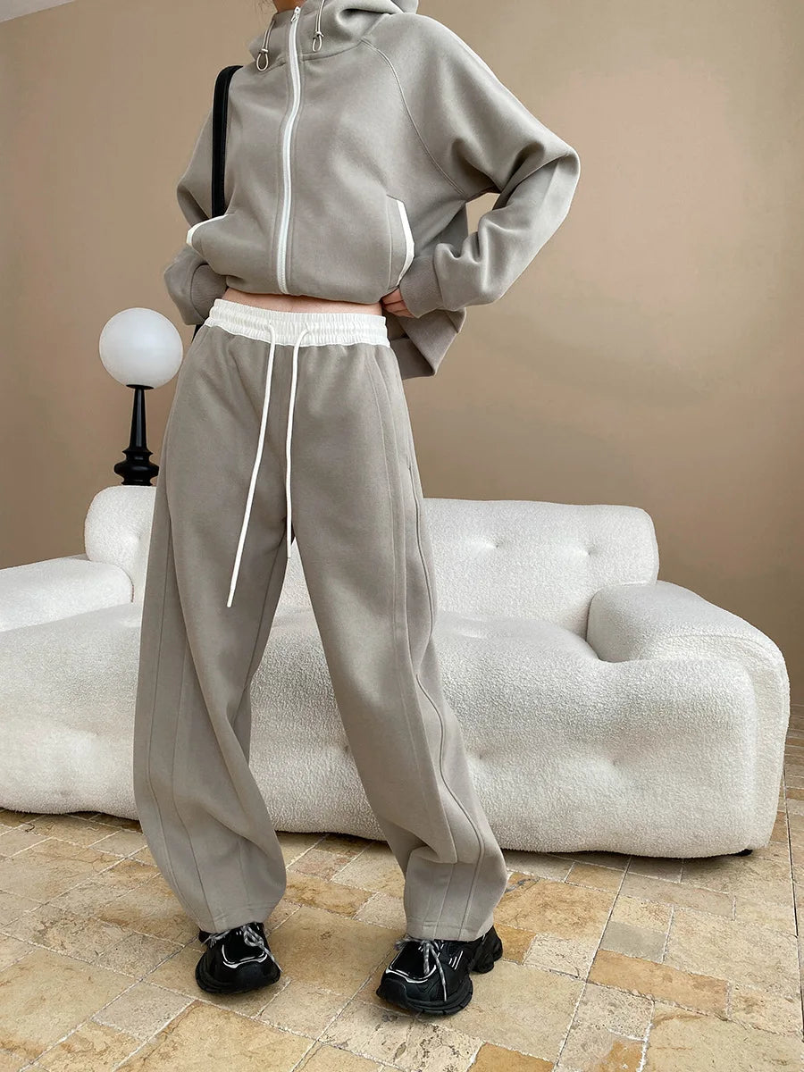 Spring and Autumn Women's Casual Solid Color Loose Hooded Sweatshirt+High Waist Loose Pants Set