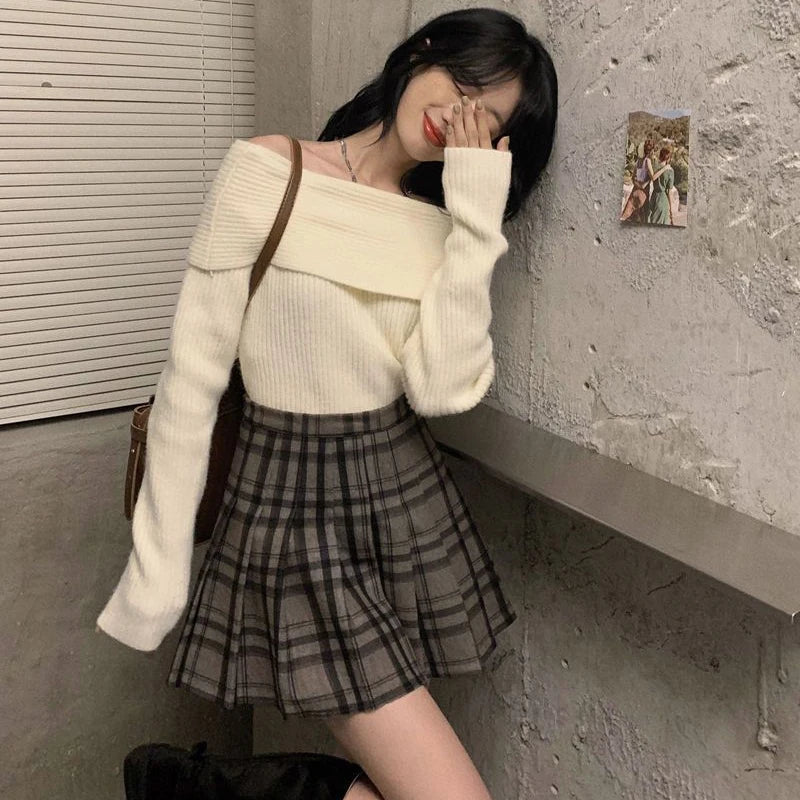 Lucyever Slash Neck Strick pullover Frauen sexy schulter freie Langarm pullover weibliche koreanische elegante verdicken schlanke Pullover Top.