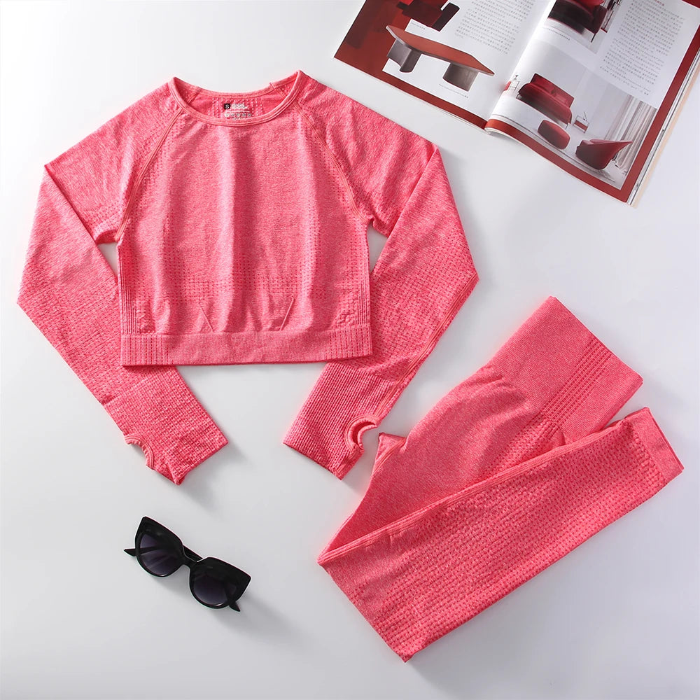 2pcs Sports Yoga Suit Gym Women Running Sports Long Sleeve Leggings Bicycle Clothing Outdoor Sports Leisure Suit