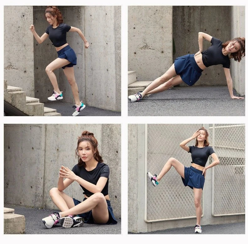 Women Yoga Pocket Shorts Fake Two Piece Anti Peek Shorts High Elastic Loose Fashion Casual Gym Trainning Three Point Pants.