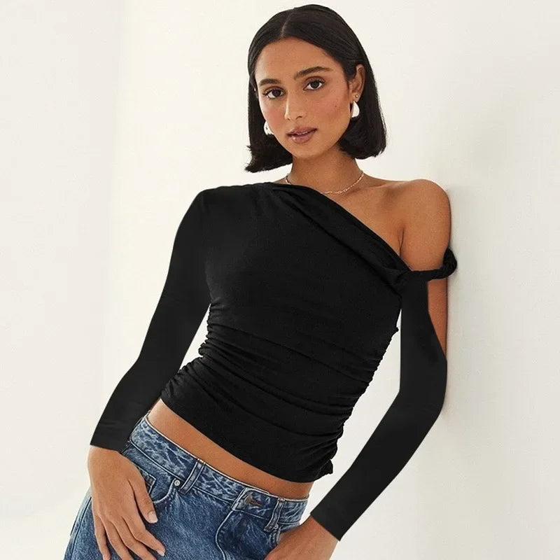Autumn Asymmetric Single Shoulder Long Sleeve Pleated Solid Color New Style YTP Women's Top Asymmetrical Neckline T-shirt.